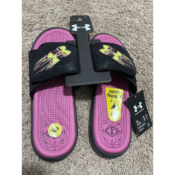 Under Armour Slides Womens 10.5 Black Pink UA U Mercenary SL Sandals Flip Flop - Picture 1 of 4